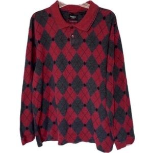 Haggar Argyle Polo Sweater Red Gray Long Sleeve Collar Pull Over Golf Preppy Top